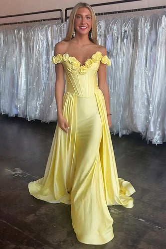 Floral Yellow Satin Off the Shoulder Long Corset Prom Dress with Cape