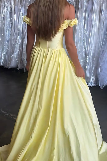 Floral Yellow Satin Off the Shoulder Long Corset Prom Dress with Cape