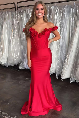 Floral Red Satin Mermaid Off the Shoulder Long Corset Prom Dress