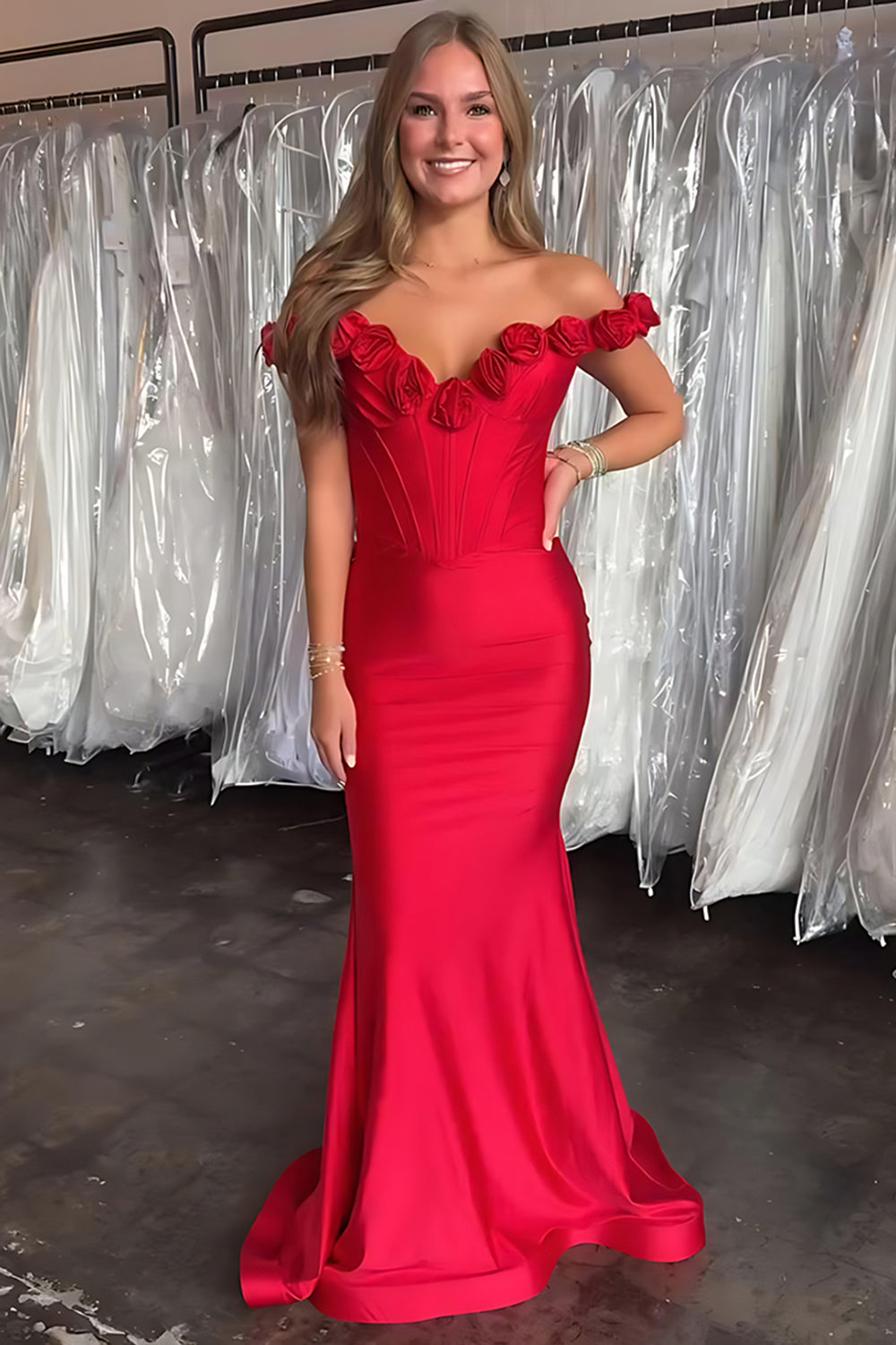 Floral Red Satin Mermaid Off the Shoulder Long Corset Prom Dress