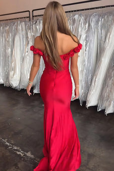 Floral Red Satin Mermaid Off the Shoulder Long Corset Prom Dress