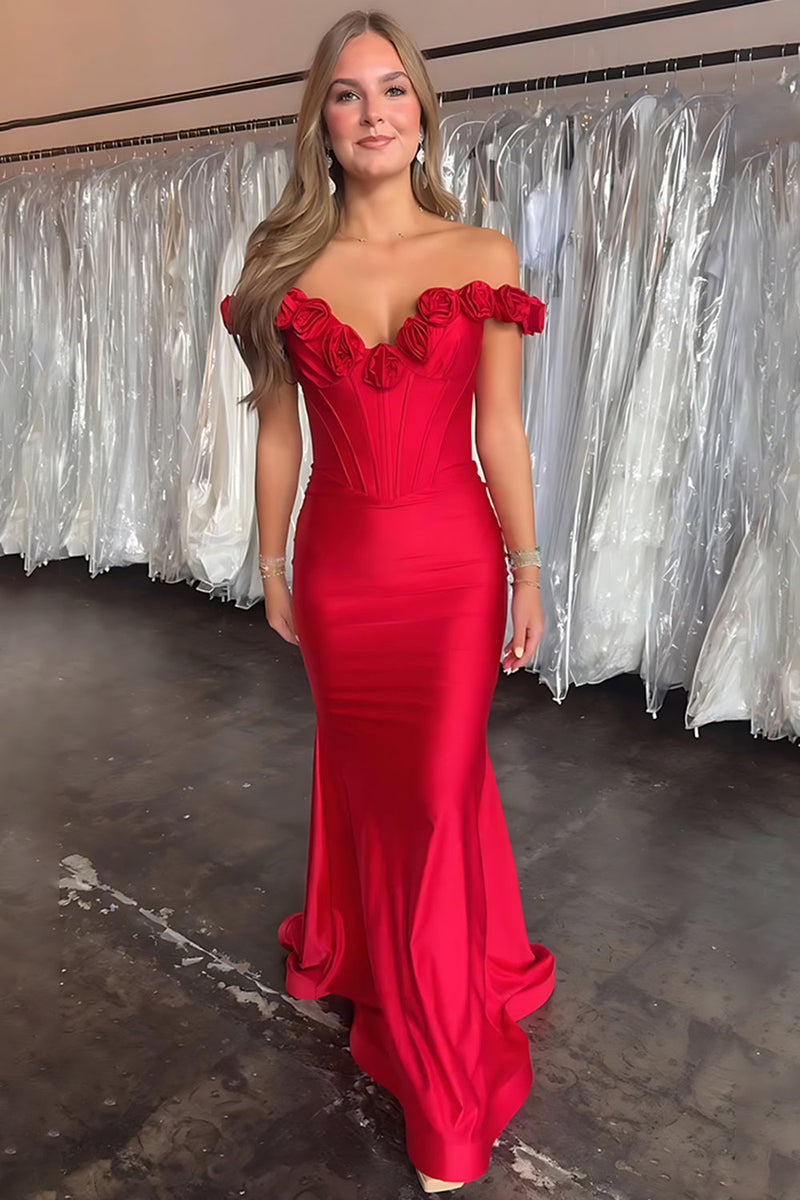 Load image into Gallery viewer, Floral Red Satin Mermaid Off the Shoulder Long Corset Prom Dress