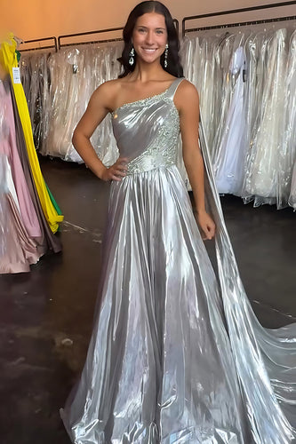 Sparkly Silver One Shoulder Metallic A Line Beaded Long Prom Dress