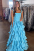 Load image into Gallery viewer, Sparkly Blue  A Line Satin Ruffled Long Corset Prom Dress with Rhinestones