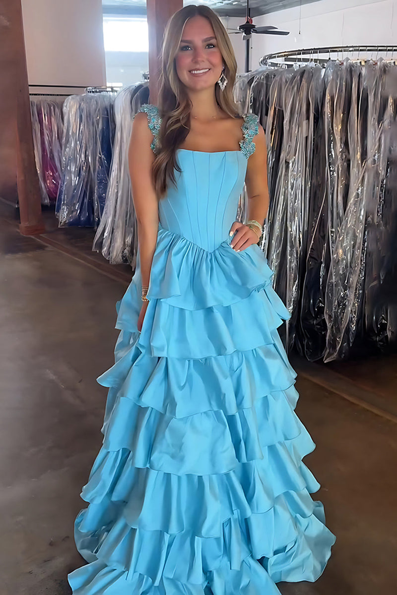 Load image into Gallery viewer, Sparkly Blue  A Line Satin Ruffled Long Corset Prom Dress with Rhinestones