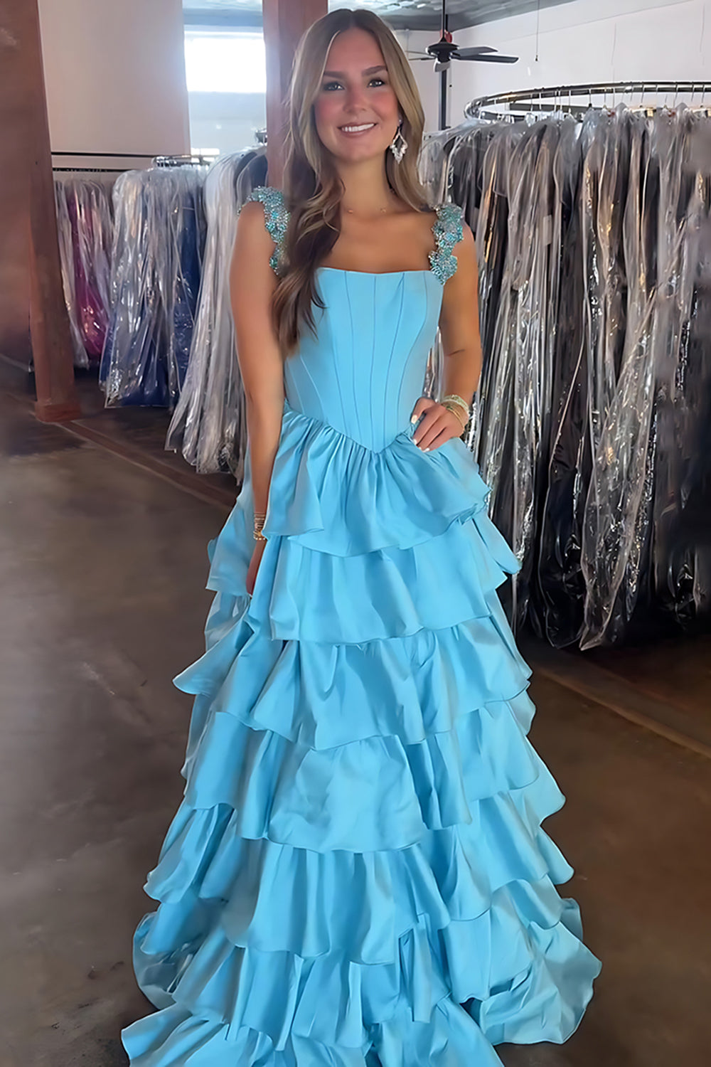 Sparkly Blue  A Line Satin Ruffled Long Corset Prom Dress with Rhinestones