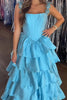 Load image into Gallery viewer, Sparkly Blue  A Line Satin Ruffled Long Corset Prom Dress with Rhinestones