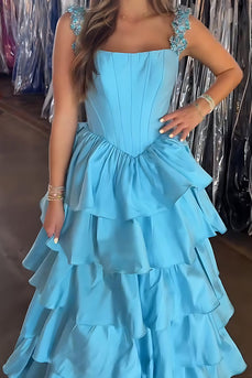 Sparkly Blue  A Line Satin Ruffled Long Corset Prom Dress with Rhinestones