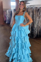 Load image into Gallery viewer, Sparkly Blue  A Line Satin Ruffled Long Corset Prom Dress with Rhinestones