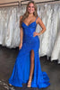 Load image into Gallery viewer, Sparkly Royal Blue Sheath Beaded Long Corset Prom Dress with Slit