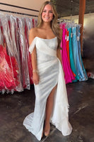 Load image into Gallery viewer, Sparkly White Sheath Beaded One Shoulder Long Prom Dress with Ruffles