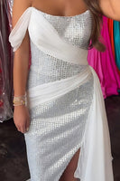 Load image into Gallery viewer, Sparkly White Sheath Beaded One Shoulder Long Prom Dress with Ruffles