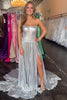 Load image into Gallery viewer, Sparkly Silver Metallic A Line Pleated Long Corset Prom Dress with Slit