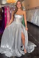 Load image into Gallery viewer, Sparkly Silver Metallic A Line Pleated Long Corset Prom Dress with Slit