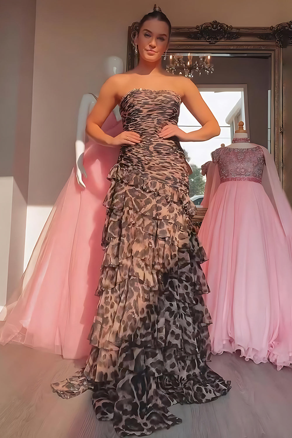 Sparkly Brown Leopard Tiered Strapless Beaded Long Prom Dress with Ruffles