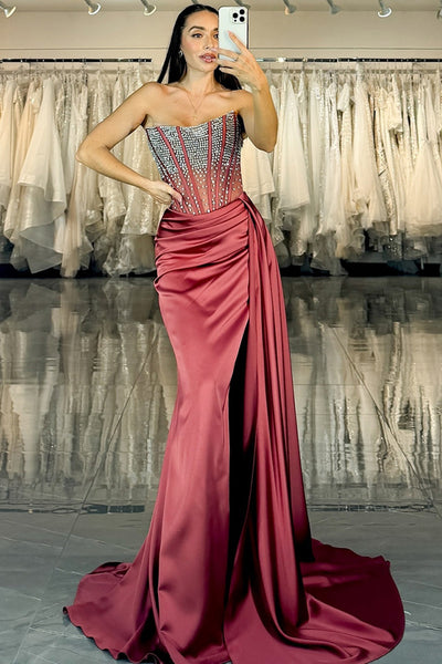 Sparkly Burgundy Satin Mermaid Strapless Long Prom Dress with Slit