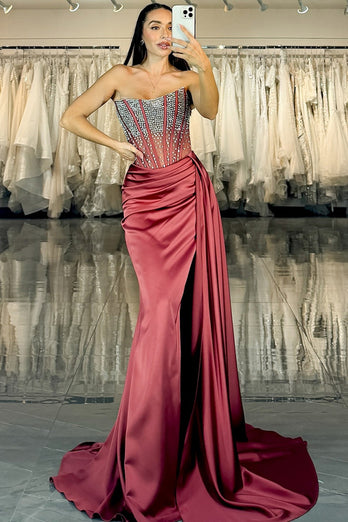 Sparkly Burgundy Satin Mermaid Strapless Long Prom Dress with Slit