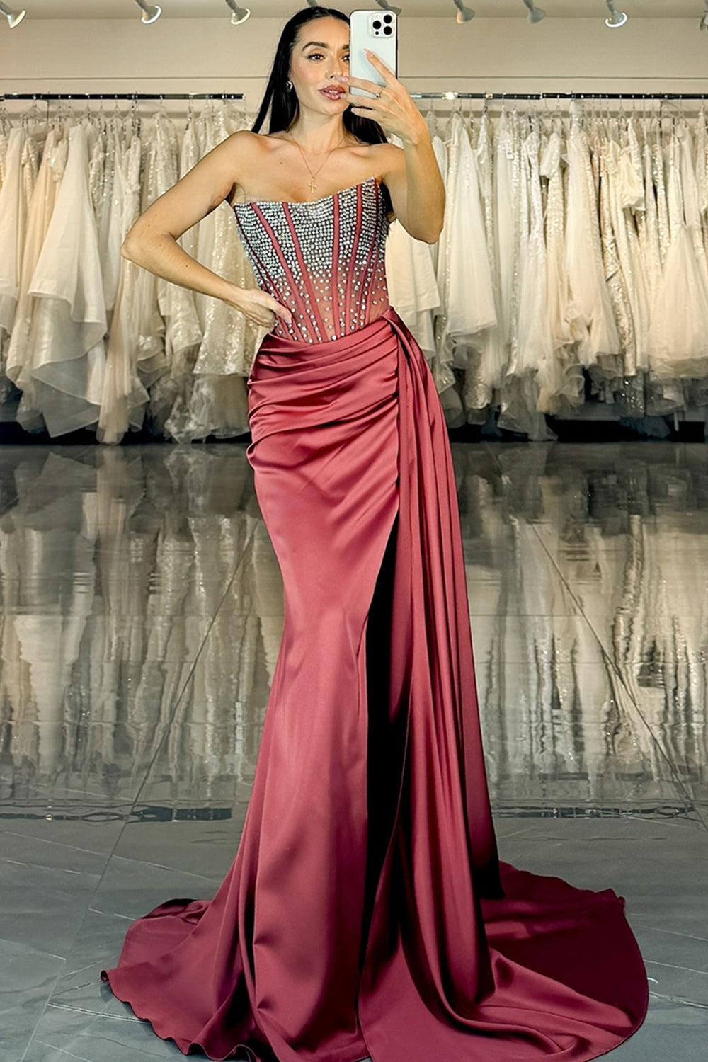 Sparkly Burgundy Satin Mermaid Strapless Long Prom Dress with Slit