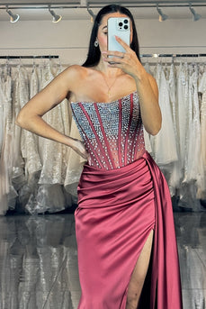 Sparkly Burgundy Satin Mermaid Strapless Long Prom Dress with Slit