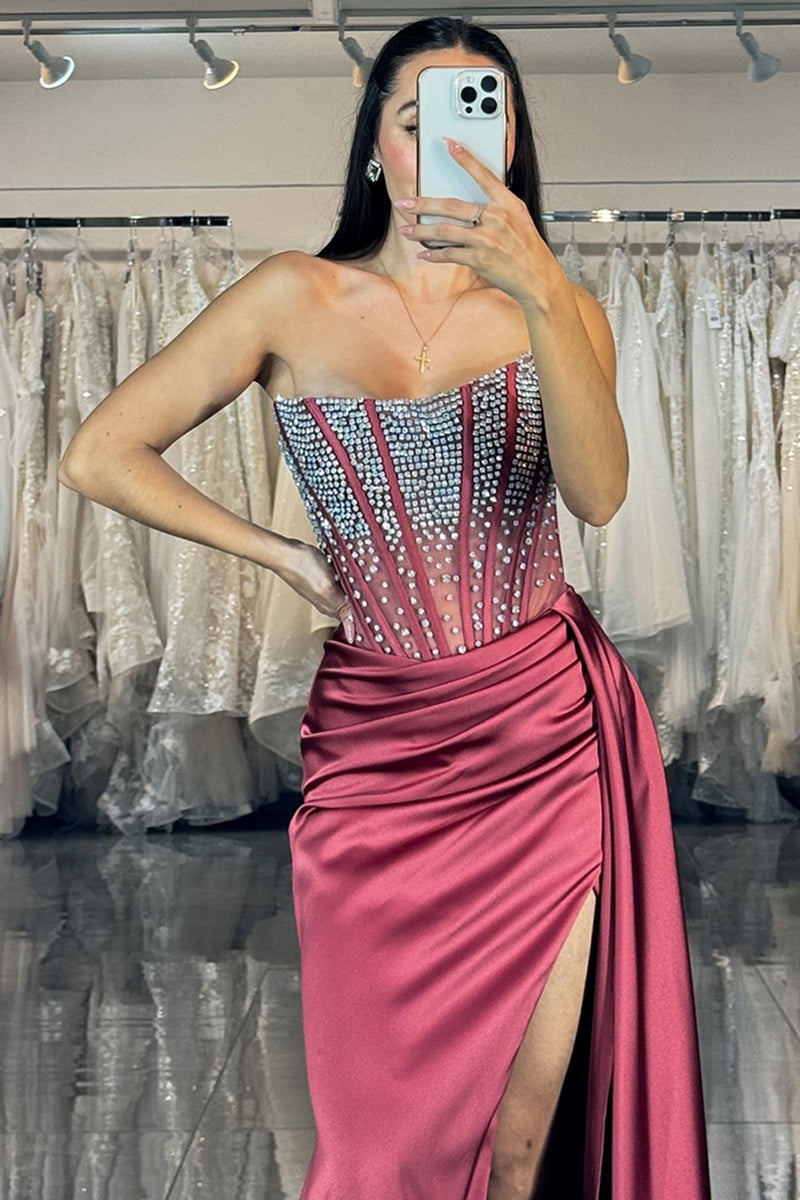 Load image into Gallery viewer, Sparkly Burgundy Satin Mermaid Strapless Long Prom Dress with Slit