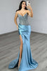 Load image into Gallery viewer, Sparkly Blue Satin Mermaid Beaded Long Corset Prom Dress with Rhinestones