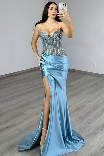 Sparkly Blue Satin Mermaid Beaded Long Corset Prom Dress with Rhinestones