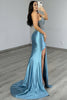 Load image into Gallery viewer, Sparkly Blue Satin Mermaid Beaded Long Corset Prom Dress with Rhinestones