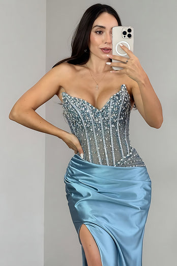 Sparkly Blue Satin Mermaid Beaded Long Corset Prom Dress with Rhinestones