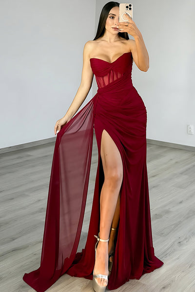Burgundy Mermaid Sweetheart Ruched Long Corset Prom Dress with Slit