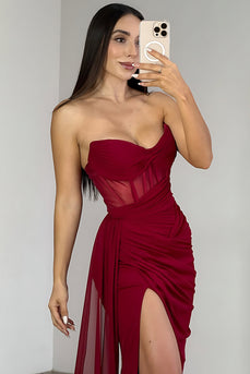 Burgundy Mermaid Sweetheart Ruched Long Corset Prom Dress with Slit