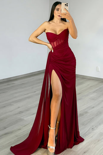 Burgundy Mermaid Sweetheart Ruched Long Corset Prom Dress with Slit