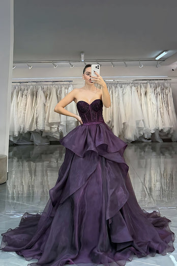 Sparkly Dark Purple Beaded Princess A Line Long Corset Prom Dress with Ruffles