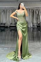 Load image into Gallery viewer, Green Satin Off the Shoulder Long Corset Prom Dress with Lace