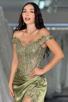 Green Satin Off the Shoulder Long Corset Prom Dress with Lace