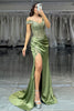 Load image into Gallery viewer, Green Satin Off the Shoulder Long Corset Prom Dress with Lace
