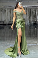 Load image into Gallery viewer, Green Satin Off the Shoulder Long Corset Prom Dress with Lace
