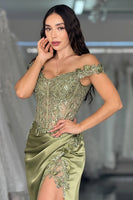 Load image into Gallery viewer, Green Satin Off the Shoulder Long Corset Prom Dress with Lace