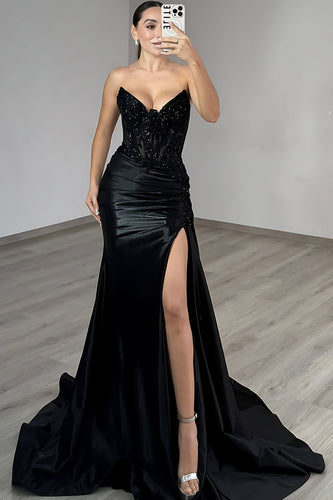 Sparkly Black Satin Mermaid Beaded Long Corset Prom Dress with Slit