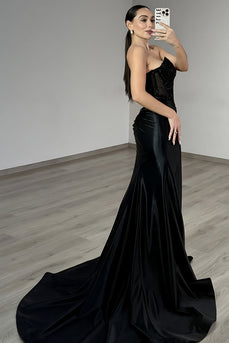 Sparkly Black Satin Mermaid Beaded Long Corset Prom Dress with Slit