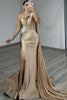 Load image into Gallery viewer, Sparkly Gold One Shoulder Mermaid Ruched Long Prom Dress with Slit