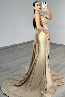 Sparkly Gold One Shoulder Mermaid Ruched Long Prom Dress with Slit
