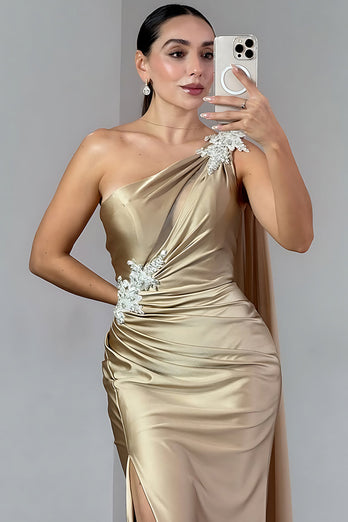 Sparkly Gold One Shoulder Mermaid Ruched Long Prom Dress with Slit