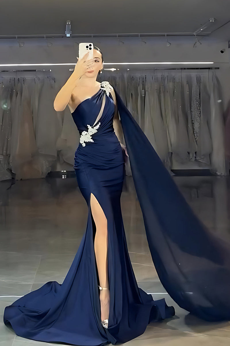 Load image into Gallery viewer, Sparkly Gold One Shoulder Mermaid Ruched Long Prom Dress with Slit