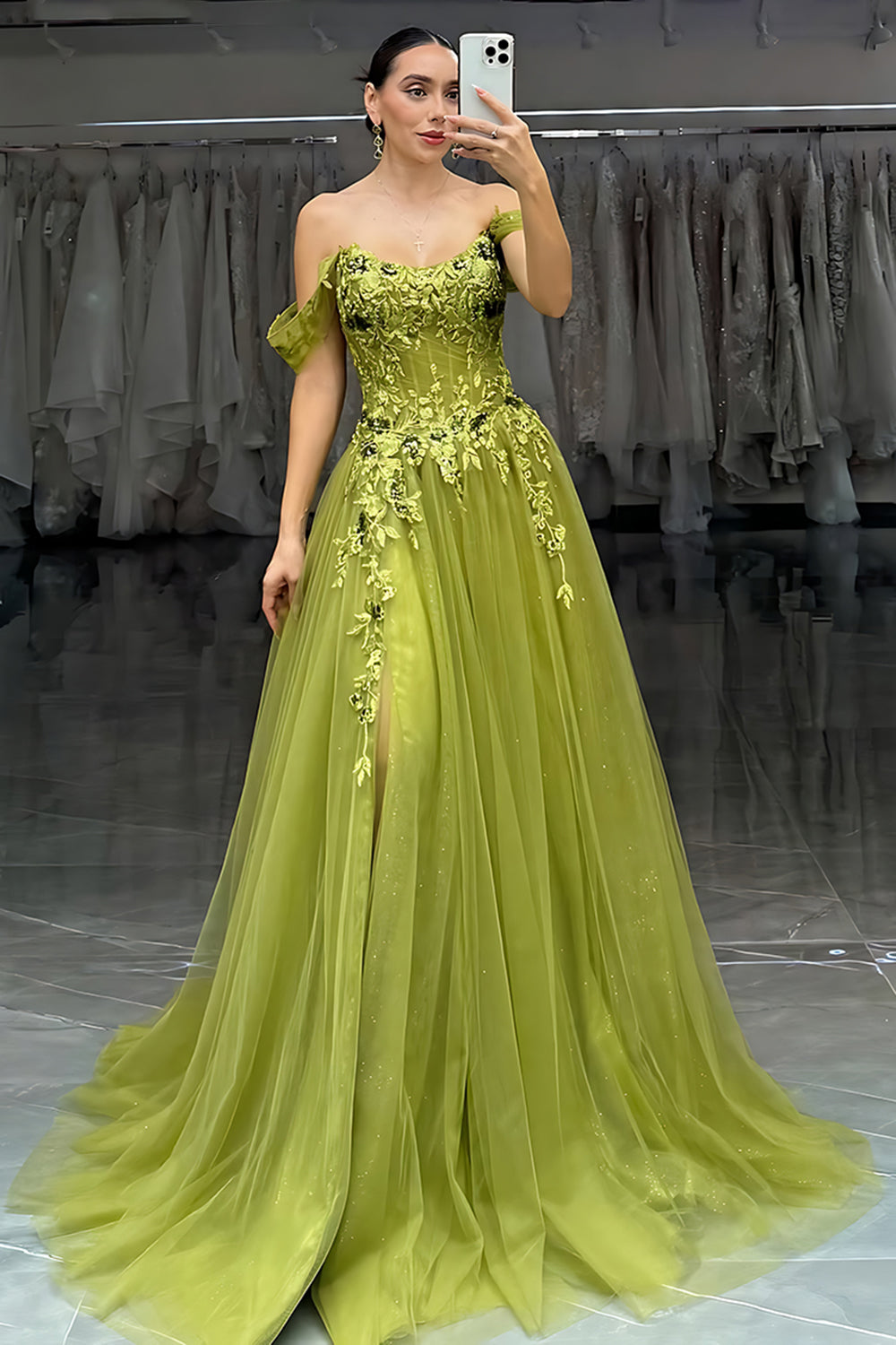 Green Tulle Off The Shoulder A-Line Long Corset Prom Dress with Lace