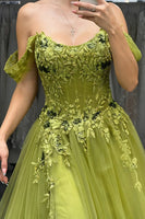 Load image into Gallery viewer, Green Tulle Off The Shoulder A-Line Long Corset Prom Dress with Lace