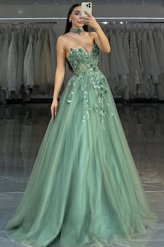 Sparkly Floral Green A-Line Beaded Sweetheart Long Corset Prom Dress