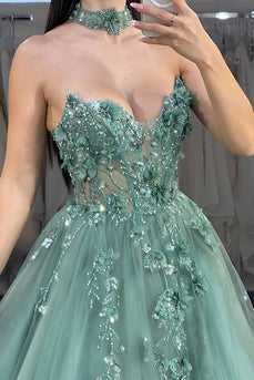 Sparkly Floral Green A-Line Beaded Sweetheart Long Corset Prom Dress