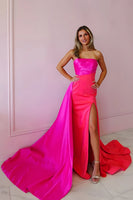Load image into Gallery viewer, Fuchsia Sheath Satin Strapless Long Prom Dress with Cape