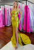 Load image into Gallery viewer, Floral Yellow Satin Mermaid Halter Long Prom Dress with Slit