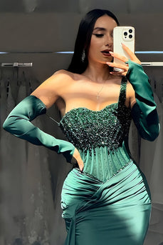 Sparkly Dark Green Satin Mermaid Beaded Long Corset Prom Dress with Slit